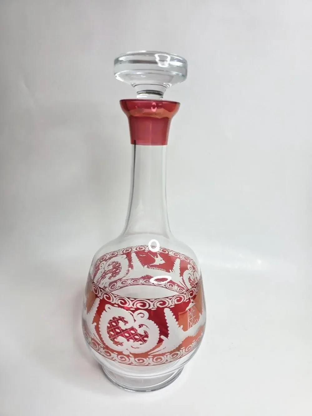 Vintage Bohemian Cranberry Glass Decanter w/ Etched Decoration 12